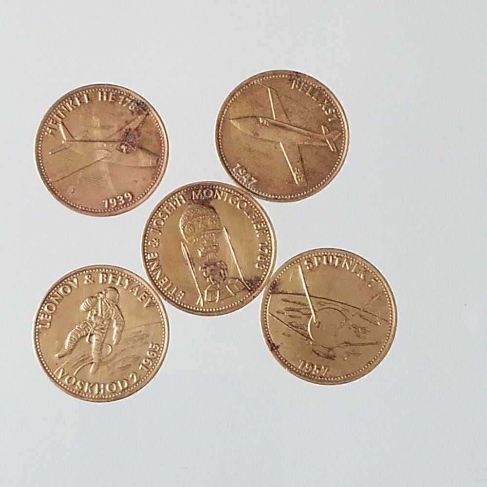 5 Vintage Shell Aviation Commemorative Tokens Flight Space Flying Aeronautical
